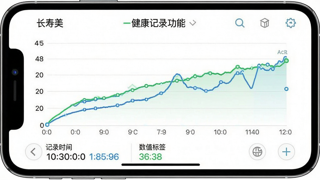 一张展示“长寿美”软件健康记录功能的界面截图,主体是手机界面上显示的血压趋势折线图,图表下方有“记录时间”、“数值标签”等文字,界面以白色为底色,辅以绿色和蓝色的数据线条,布局简洁,风格清晰直观,细节丰富,画质干净。