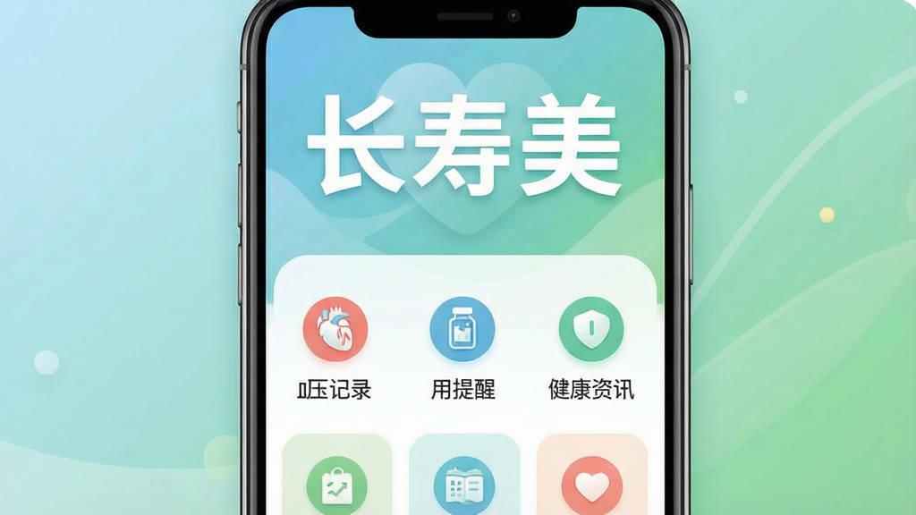 一张展示“长寿美”软件核心功能的宣传图,主体是手机屏幕界面,界面上方有“长寿美”三个大字,下方整齐排列着血压记录、用药提醒、健康资讯等模块图标,背景是温馨的浅蓝色和绿色渐变,布局简洁清晰,风格现代扁平,细节圆润,画质干净无多余元素。