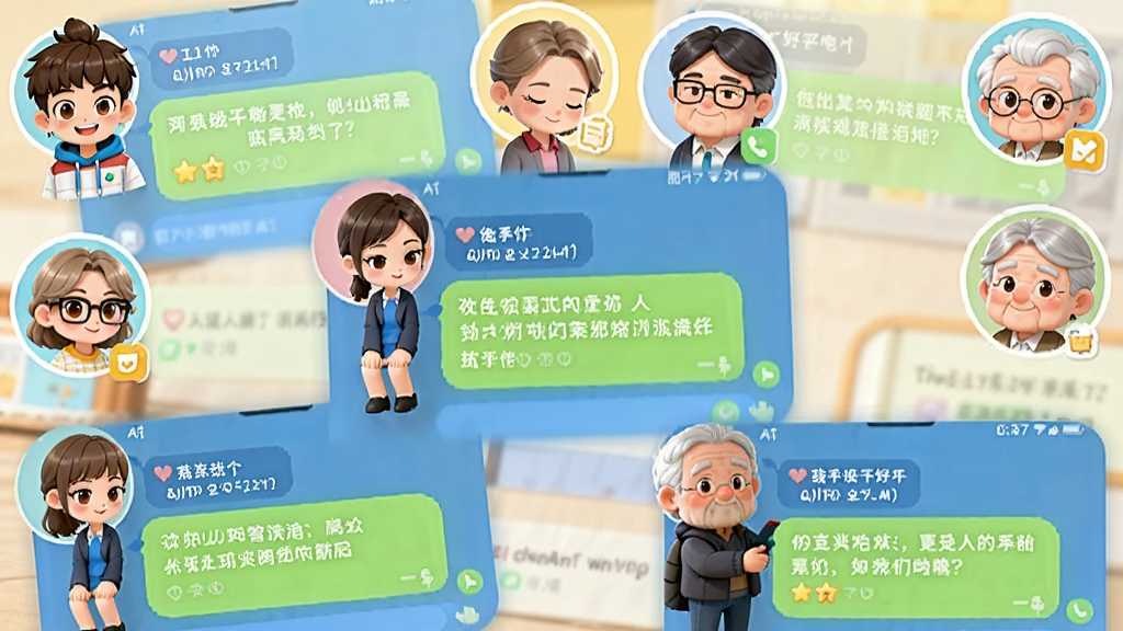 一张用户评价截图拼贴画,画面中展示多个手机聊天框风格的好评内容,背景有代表不同年龄段用户的头像(有年轻人、中年人、老年人),整体色调明亮轻快,构图富有层次感,风格Q版可爱,细节丰富,画质干净无多余元素。