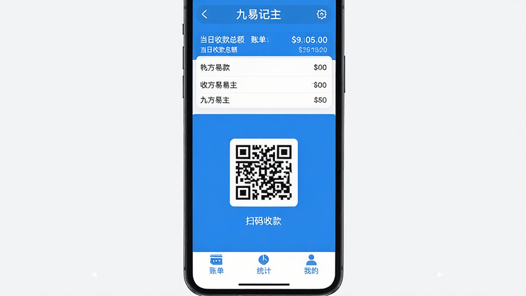 九方易主界面展示,手机屏幕内显示简洁的蓝白配色收银记账界面,顶部有当日收款总额和账单列表,中间是扫码收款二维码,底部菜单为账单、统计、我的,背景干净,无多余元素,画质清晰,扁平化设计风格