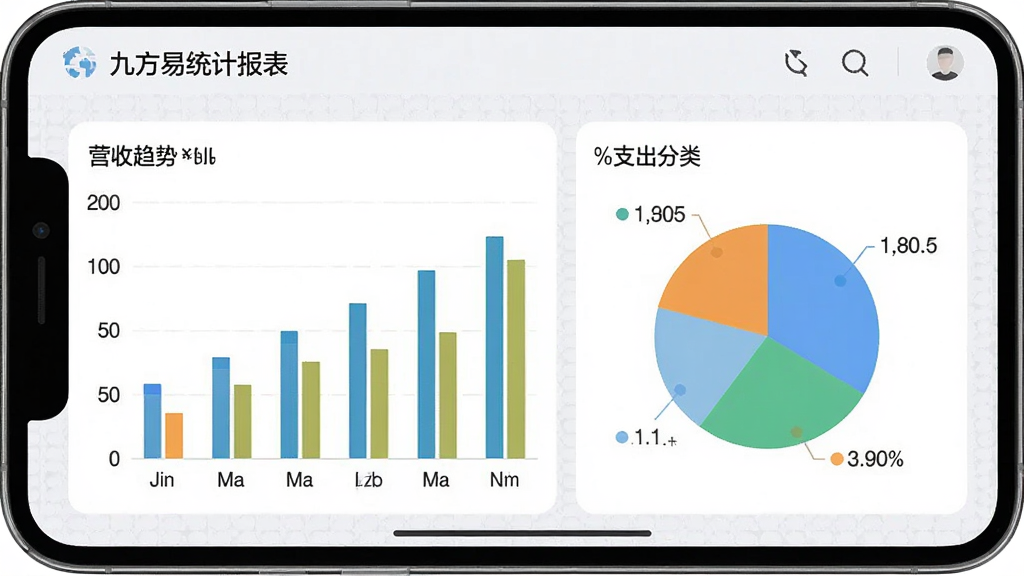 九方易统计报表界面,手机屏幕显示柱状图和饼图,分别表示营收趋势和支出分类,配色清新,标签清晰,背景有淡灰色网格纹理,整体设计现代,数据可视化友好