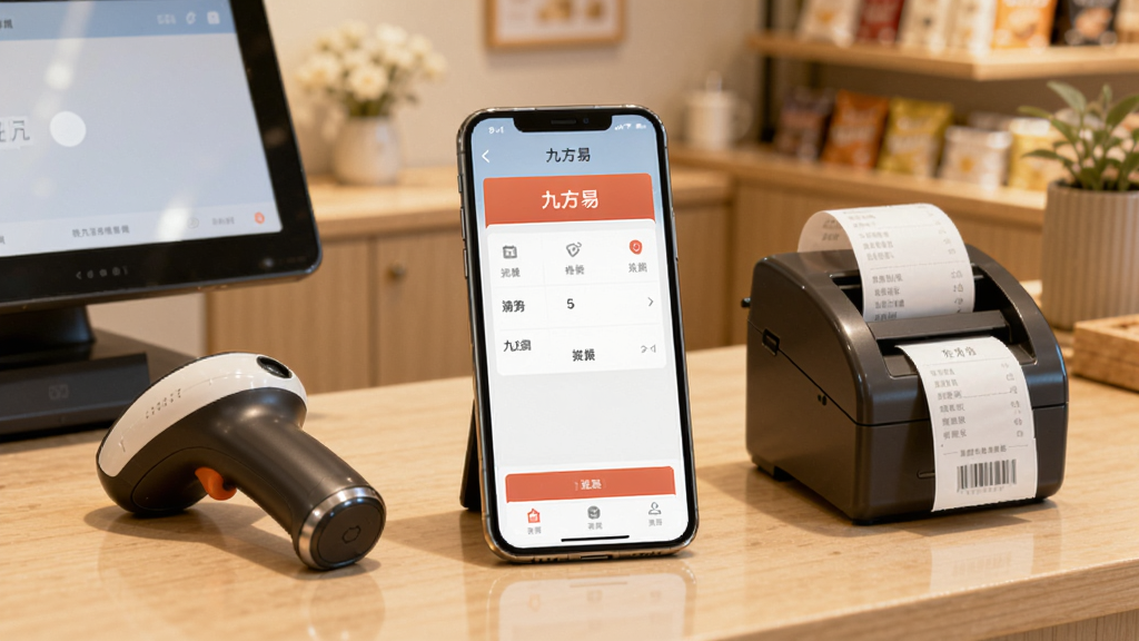 九方易使用场景图,一部手机放在收银台上,屏幕显示九方易的收银界面,旁边有扫码枪和小票打印机,店铺环境温馨,桌面整洁,整体画面明亮干净