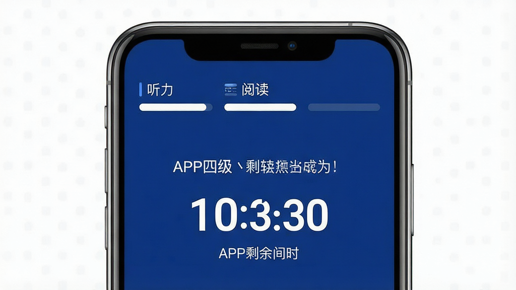 图片生成提示词:英语四级真题APP模拟考试倒计时界面,手机显示考试剩余时间,顶部有“听力”、“阅读”等考试板块进度条,背景为深蓝色,白色字体清晰,画质干净无多余元素