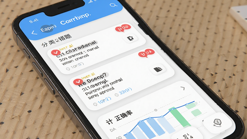 图片生成提示词:英语四级真题APP错题本界面,手机屏幕显示分类错题列表,有红色标记的错题卡片,底部统计正确率图表,整体风格清爽,图标圆润,画质干净无多余元素