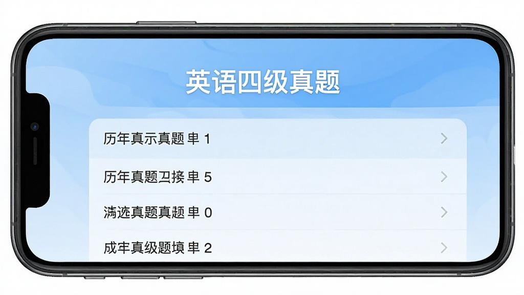 图片生成提示词:英语四级真题APP主界面,手机屏幕占据画面中央,显示“英语四级真题”蓝色标题,下方列出历年真题列表,背景为淡蓝色渐变,扁平化风格,排版整洁,画质干净无多余元素