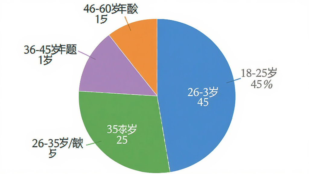 图片生成提示词:饼状图展示英语四级真题用户年龄分布,18-25岁占45%,26-35岁占30%,36-45岁占15%,46-60岁占10%,各色块用中文标注,背景白色,扁平化设计,画质干净无多余元素