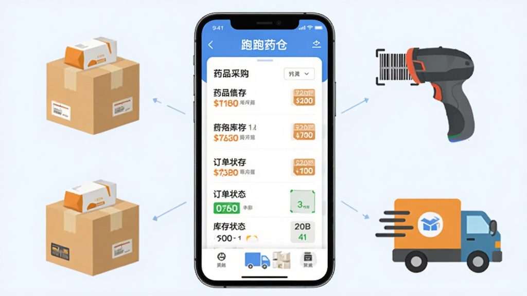 һ��չʾ������ҩ�֡�App���Ĺ��ܵĳ���ͼ������Ϊ�����ֻ���Ļ��ʾҩƷ�ɹ��б��Ͷ���״̬����Ļ�⻷��ҩƷ�䡢ɨ��ǹ����������ͼ�꣬�������ֻ�Ϊ�������������죬�Ű�����������ƽ�����ϸ�ڰ����۸��ǩ�Ϳ�����֣����ʸɾ������޶���Ԫ��