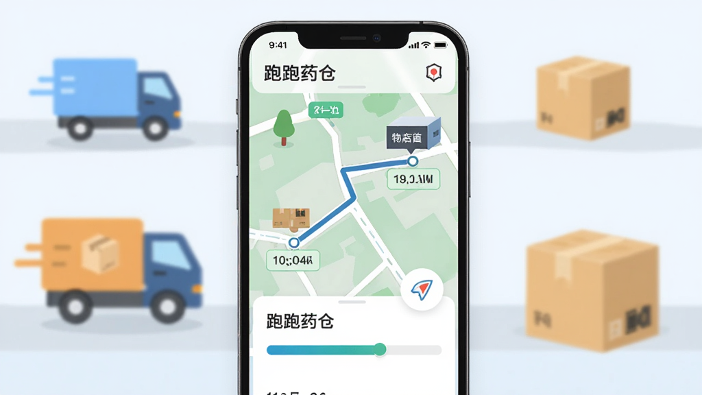 չʾ������ҩ�֡���������׷�ٽ��棬����Ϊ�ֻ���Ļ�ϵĵ�ͼ����������������ʾ�����Ӳֿ⵽���̵�·���������л����Ͱ���ͼ�꣬�����Ե�ͼΪ���ģ��Ű�������������ƽ�����ϸ����ʱ��ͽڵ�״̬��ע�����ʸɾ������޶���Ԫ��