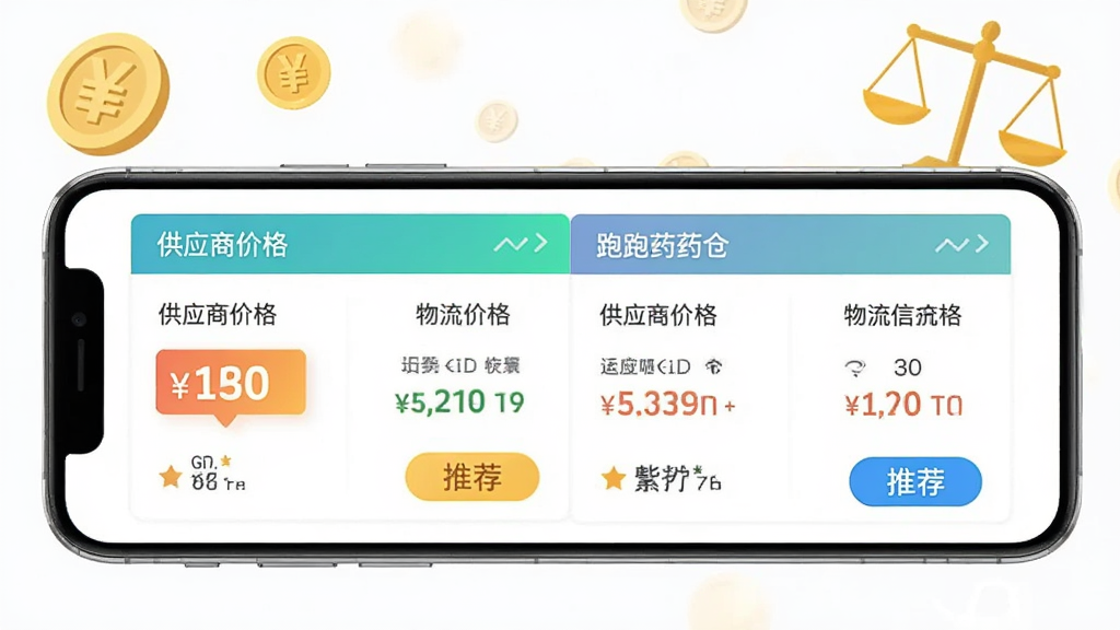 չʾ������ҩ�֡��ȼ۹��ܽ��棬����Ϊ�ֻ���Ļ�ϵĺ���Ա�ͼ��չʾ��ͬ��Ӧ�̵ļ۸��������Ϣ�������н�Һ����ͼ�꣬�����ԶԱ�ͼΪ���ģ��Ű�ֱ�����ˣ���ƽ�����ϸ���м۸�����͡��Ƽ�����ť�����ʸɾ������޶���Ԫ��