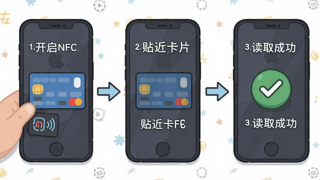 手机NFC读扫操作步骤示意图,主体是手机背面贴卡动作的特写,旁边配有步骤文字“1.开启NFC”“2.贴近卡片”“3.读取成功”,布局为三步流程横向排列,排版清晰,风格卡通扁平,细节有箭头指引,画质干净,无多余元素
