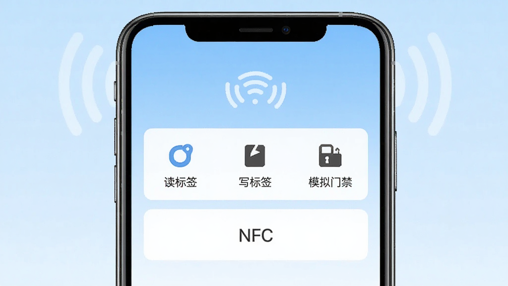 一张手机NFC读扫应用的主界面截图风格示意图,主体为一部智能手机屏幕居中,屏幕内显示简洁的NFC读写功能面板,包含“读标签”“写标签”“模拟门禁”等图标按钮,布局清晰,排版整齐,背景为淡蓝色渐变,细节展示NFC波纹图标,画质干净,无多余元素