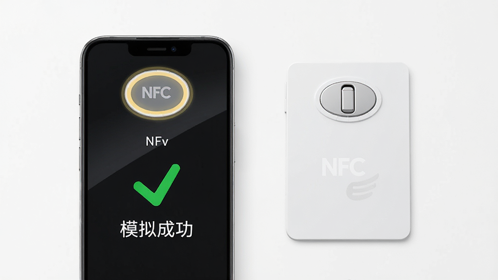 手机NFC读扫的门禁模拟功能展示图,主体是手机和白色门禁卡并排放置,手机屏幕显示“模拟成功”的绿色对勾,布局均衡,排版直观,风格简约,细节有手机背部NFC感应区域高亮标记,画质干净,无多余元素