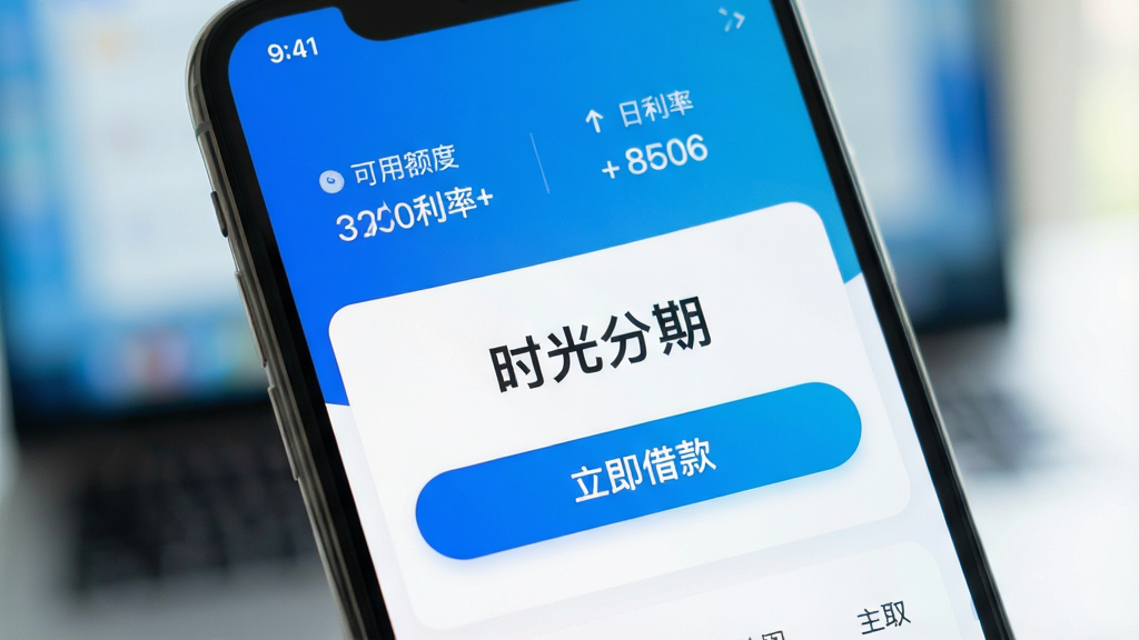 一张智能手机屏幕的特写,屏幕上清晰显示“时光分期”APP的主界面,界面风格简洁现代,以蓝白渐变为主色调,顶部显示可用额度和日利率,中间是醒目的“立即借款”按钮,背景虚化处理突出手机屏幕,画面明亮通透,画质干净无多余元素,突出品牌名称“时光分期”