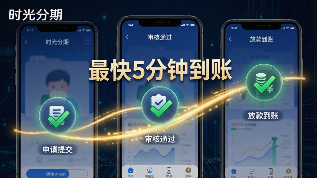 一张动态效果图,展示“时光分期”APP从“申请提交”到“审核通过”再到“放款到账”的完整流程,设计以手机界面为背景,三个关键节点用图标和绿色对勾突出显示,并用一条流畅的金色光线连接,画面中央有一行大字“最快5分钟到账”,整体科技感十足,画质清晰,包含品牌名“时光分期”