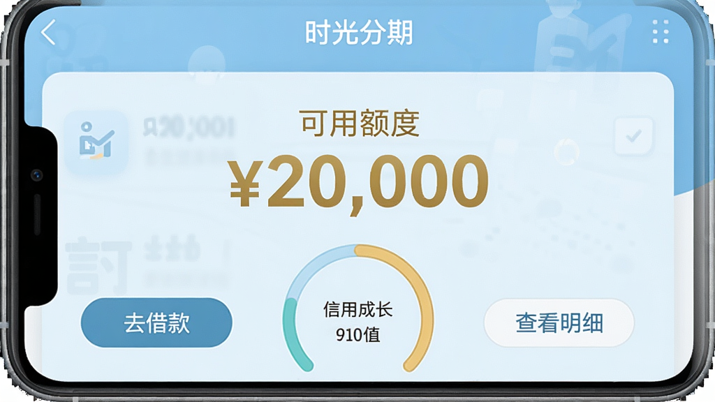 一张展示“时光分期”APP额度提升页面的手机截图,屏幕中央用大号金色数字显示“可用额度 20,000”,下方是环形进度条展示信用成长值,背景是淡蓝色的卡片式布局,左右两侧有“去借款”和“查看明细”两个按钮,整体风格扁平化设计,画面干净清晰,包含文字“时光分期”