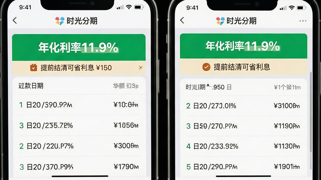 一张“时光分期”APP还款计划详情页截图,屏幕上用列表形式清晰罗列每一期的还款日期和金额,顶部用绿色大字标注“年化利率11.9%”,下方是“提前结清可省利息 150”的提示横幅,界面背景为浅灰色,卡片白色,信息层级分明,画质干净,包含“时光分期”字样