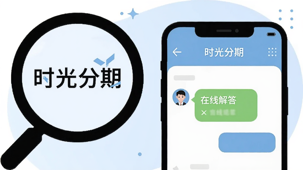 一张简约风格的插画,画面左侧是一个放大镜图标,右侧是手机屏幕,屏幕上显示“时光分期”的客服聊天界面,客服头像旁有“在线解答”字样,背景是柔和的浅蓝色,画面干净整洁,突出客服与解决问题的概念,包含文字“时光分期”