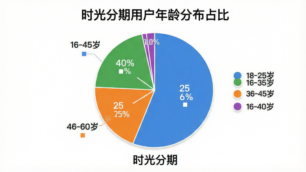 一张饼状图,标题为“时光分期用户年龄分布占比”,图中分为四个色块,蓝色代表“18-25岁”占比25%,绿色代表“26-35岁”占比40%,橙色代表“36-45岁”占比25%,紫色代表“46-60岁”占比10%,图表下方有“时光分期”字样,背景为白色,画质清晰,风格简洁直观