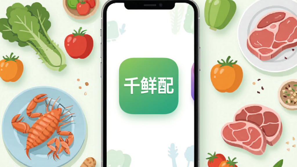 一个现代简约风格的手机应用界面展示,屏幕中央显示“千鲜配”应用图标,周围环绕着新鲜蔬果、海鲜、肉类等食材,整体色调清新明亮,采用扁平化设计,细节丰富,画质干净无多余元素,突出生鲜配送的便捷与新鲜感。