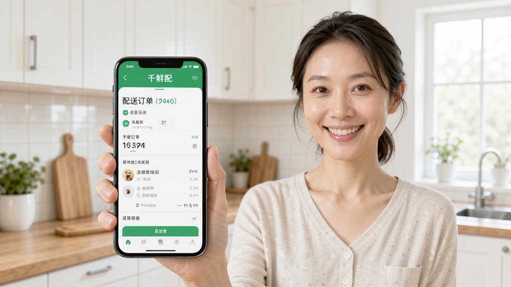 一位用户手持手机使用“千鲜配”应用,屏幕显示配送订单详情,背景是干净整洁的厨房,人物面带微笑,整体色调明亮,构图自然,画质清晰,突出应用界面与日常生活的融合。