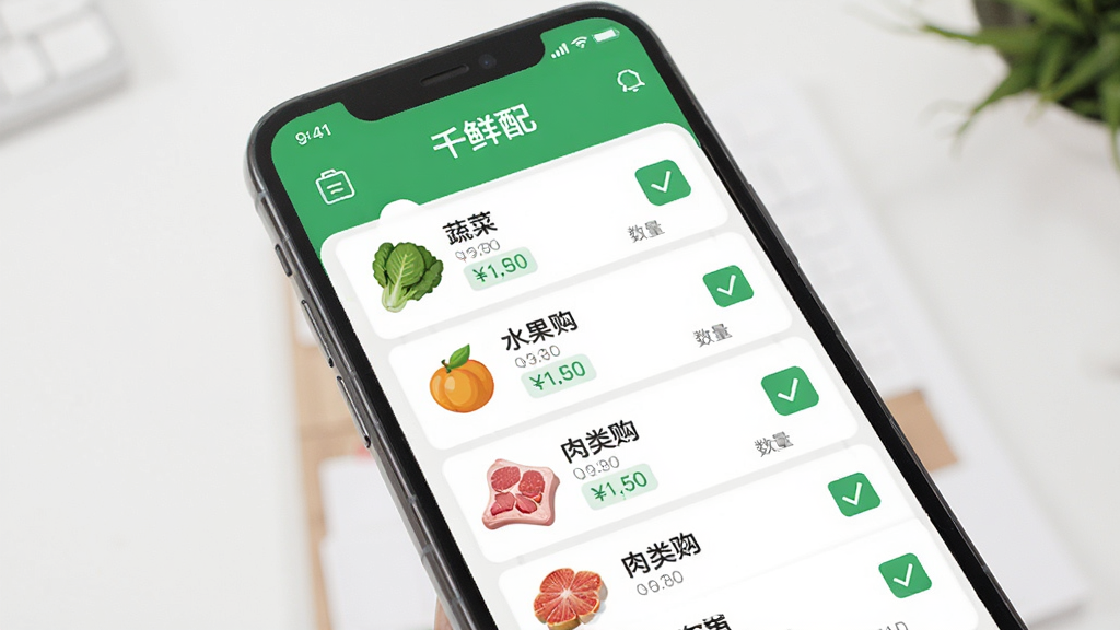 手机应用界面展示“千鲜配”的智能采购清单功能,屏幕中列出各类蔬菜、水果、肉类的清单项,每个商品旁有勾选按钮,界面风格简洁清晰,色调以绿色和白色为主,扁平化设计,细节包括价格和数量标签,画质干净无多余元素。