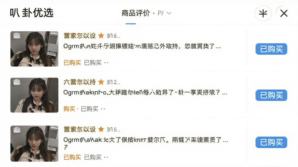 一张手机截图,展示“叭卦优选”APP中商品评价区域,评价列表中有多条带图评价,每条评价后面都有“已购买”标签,界面干净,文字清晰,整体设计简洁,画质清晰无多余元素