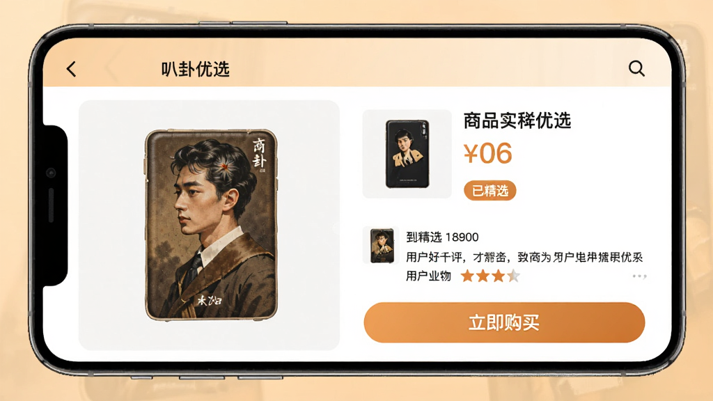 一张展示“叭卦优选”APP内部商品详情页的图片,页面布局清晰,左侧是商品大图,右侧是商品名称、价格和“已精选”标签,下方是用户好评和“立即购买”按钮,整体色调温暖,风格清爽,画质干净无多余元素