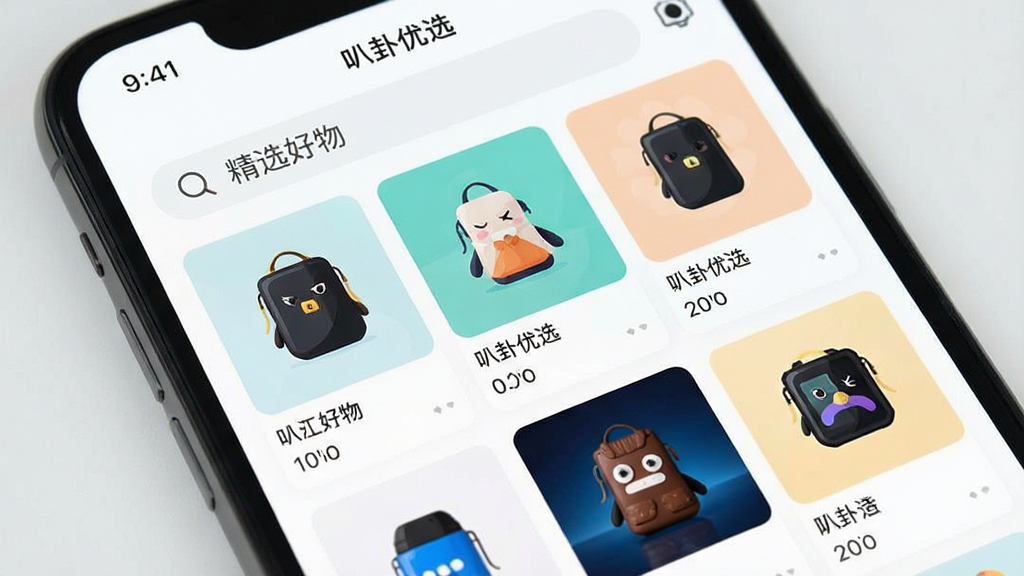 一张手机屏幕特写,屏幕中清晰显示“叭卦优选”APP的首页界面,界面设计简洁现代,顶部搜索栏有“精选好物”字样,下方是瀑布流商品卡片,商品图片高清美观,整体色调清新明快,扁平化风格,画质干净无多余元素