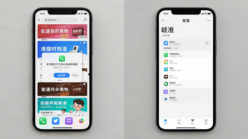一幅对比图,左边是杂乱广告的App界面,右边是
