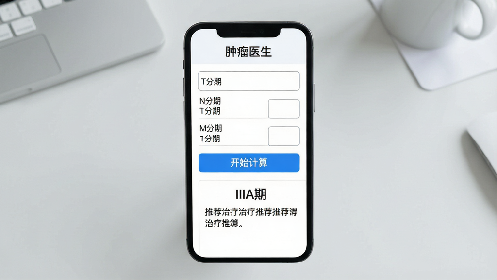 手机屏幕展示一个简洁的数据输入界面,界面顶部有“肿瘤医生”字样,屏幕中央是几个清晰的输入框,分别标记为“T分期”、“N分期”、“M分期”,下方有一个醒目的蓝色按钮写着“开始计算”,再下方是模拟的计算结果展示区域,显示了“IIIA期”的字样和推荐的治疗路径文字,手机背景是浅灰色的整洁办公桌面,风格扁平化,色彩清新,画质高清干净,无多余元素。