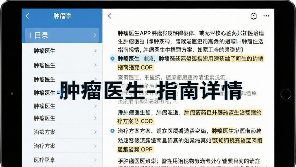 一张电脑或平板电脑屏幕的截图展示,屏幕上显示着“肿瘤医生”APP内部的指南详情页,左侧是清晰的目录列表,右侧是详细的中文指南文字内容,其中一些关键药物名称和治疗方案被高亮标记,画面布局为左右分栏设计,风格简洁,界面色彩以蓝白为主,画质干净,无多余元素,图片上文字内容显示为“肿瘤医生-指南详情”。