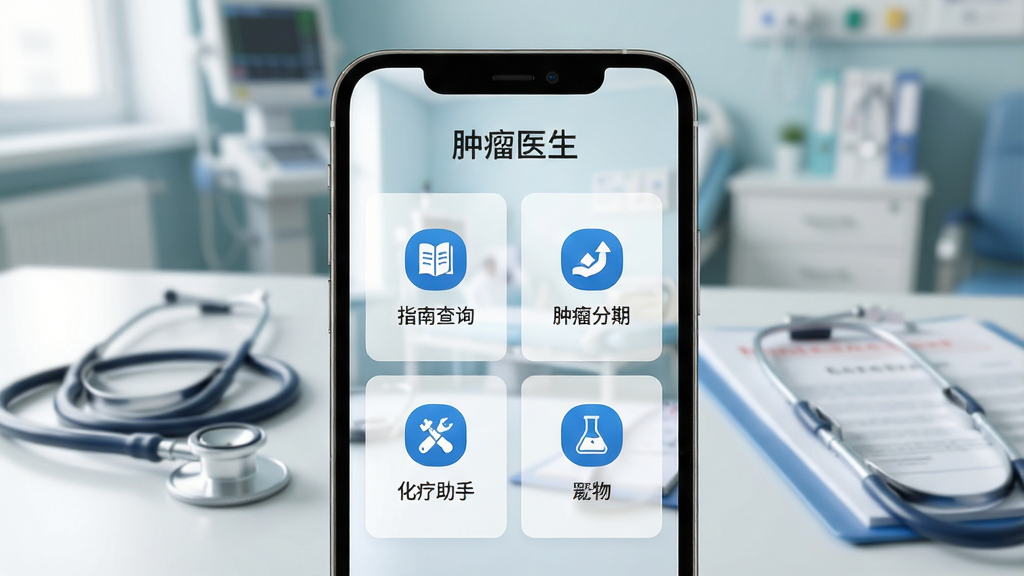 一张智能手机屏幕特写,手机屏幕正中央显示“肿瘤医生”APP的主界面,主界面设计有清晰的蓝色功能图标,包含“指南查询”、“肿瘤分期”、“化疗助手”等模块,背景是虚化的现代医院诊室环境,桌面上有听诊器和病历本,画面光线柔和,专业且干净,排版布局为手机居中构图,风格写实,细节丰富,画质高清,无多余元素。