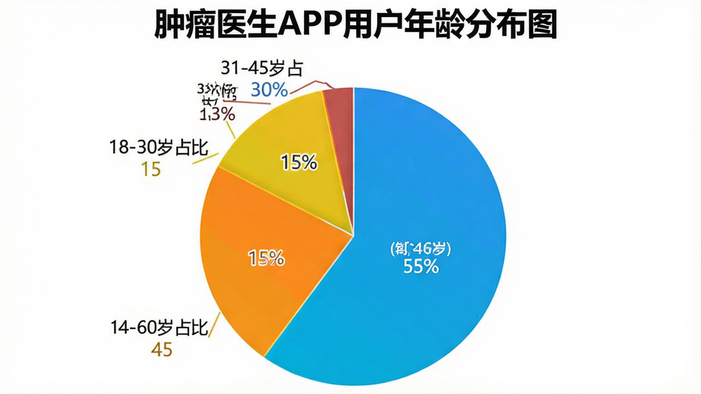 一张饼状图,标题为“肿瘤医生APP用户年龄分布图”,图表中显示了18-30岁占比15%,31-45岁占比55%,46-60岁占比30%,饼状图配色鲜艳清晰,每个扇区旁边有对应的数字标签,整体风格为商务简洁风,背景为纯白色,画质干净,无多余元素。