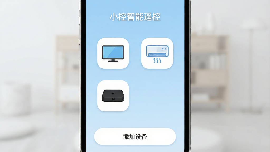 一张现代简约风格的手机截图展示,屏幕中央显示“小控”App主界面,背景为淡蓝色渐变,顶部有“小控智能遥控”字样,界面排列着电视、空调、机顶盒等图标,底部有“添加设备”按钮,整体排版清晰,风格扁平化,细节圆润,画质干净无多余元素
