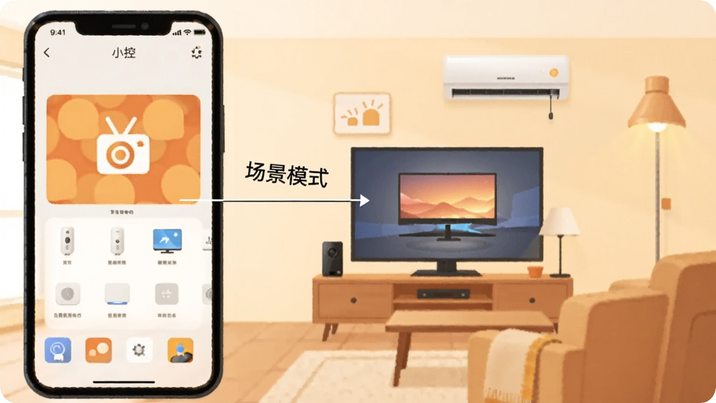 一张展示智能家居场景的插画,画面左侧是一部手机运行“小控”App,右侧是客厅中的电视、空调和灯光,手机屏幕发出一道连接线指向这些设备,线条风格简洁,带有“场景模式”四个字,背景为暖色调,风格现代扁平,画质干净无多余元素