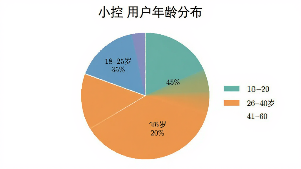 一张饼状图,展示“小控”用户年龄分布,图中显示18-25岁占35%,26-40岁占45%,41-60岁占20%,图例清晰,风格简洁,画质干净无多余元素