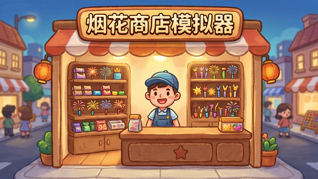 画面中央展示“烟花商店模拟器”游戏主界面,一个温馨明亮的烟花店铺,货架上摆满各式烟花,店主角色站在柜台后微笑,店外是热闹的街景,整体布局清晰,排版层次分明,卡通手绘风格,色彩鲜艳,细节丰富,画质干净无多余元素。