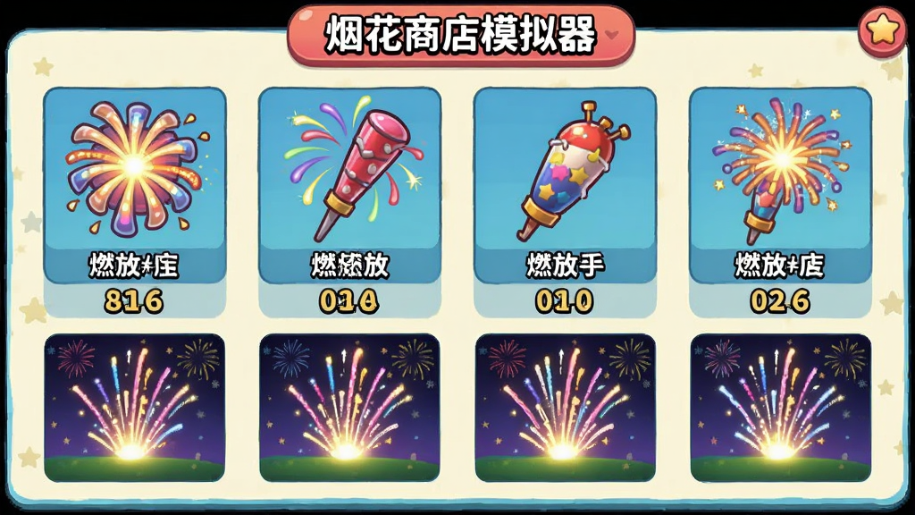 游戏内“烟花商店模拟器”的商品图鉴界面,展示多种烟花,每款烟花下方标注名称、价格、燃放效果图,布局整齐,类似图鉴风格,排版清晰,卡通插画风格,色彩鲜艳,画质干净无多余元素。