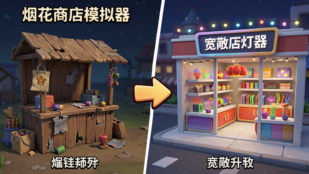 游戏画面展示“烟花商店模拟器”中从破旧小摊升级到宽敞明亮店铺的对比图,左侧是简陋木板摊位,右侧是现代化装饰的烟花商店,中间用箭头连接,布局为左右对比排版,卡通风格,细节丰富,画质干净。