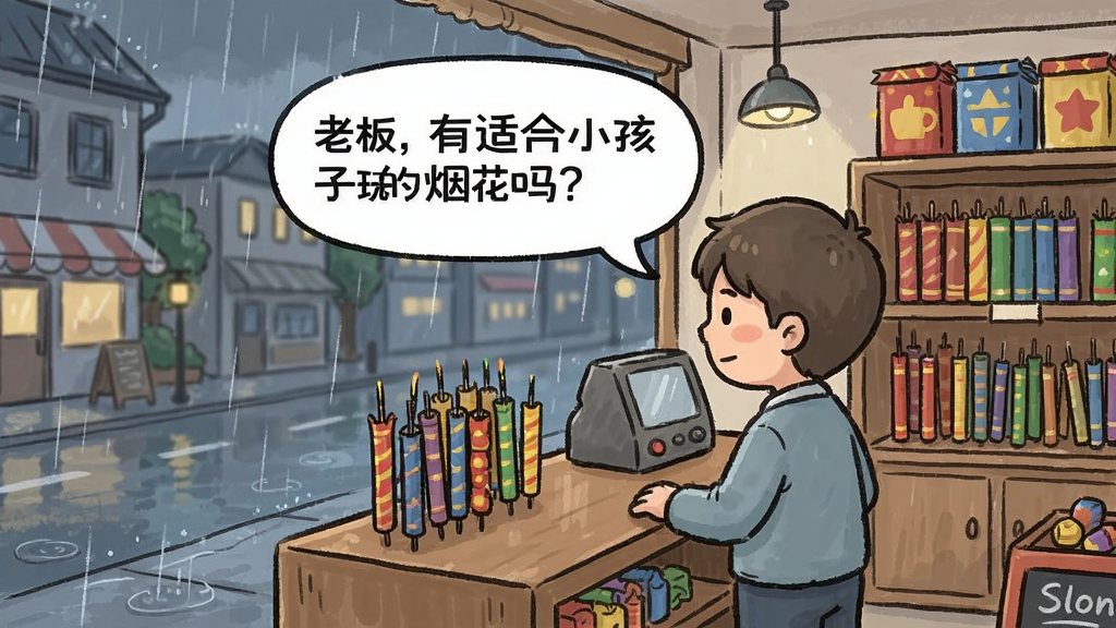 游戏“烟花商店模拟器”中一位顾客站在柜台前,头顶有对话气泡显示“老板,有适合小孩子玩的烟花吗?”,背景是雨天街道,店内有各种烟花陈列,布局为横向构图,排版自然,卡通手绘风格,细节丰富,画质干净。