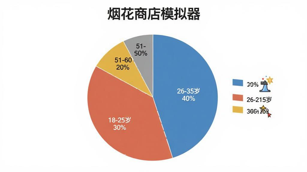 展示“烟花商店模拟器”用户年龄分布饼状图,图中分为四段不同颜色:18-25岁占30%,26-35岁占40%,36-50岁占20%,51-60岁占10%,图例清晰,布局居中,扁平化风格,细节干净,无多余元素。