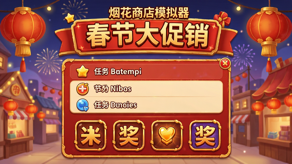 游戏“烟花商店模拟器”的节日活动界面,画面以红色和金色为主色调,标题为“春节大促销”,下方显示任务列表和奖励图标,布局居中,排版喜庆,卡通风格,细节丰富,画质干净。