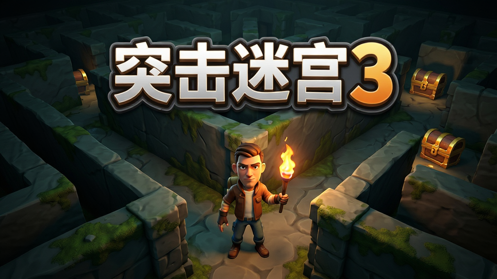 一张游戏宣传封面图,主体是“突击迷宫3”游戏LOGO,背景是幽暗神秘的3D迷宫走廊,主角手持火把站在岔路口,布局居中,排版大气,风格写实偏卡通,细节有墙壁苔藓和远处宝箱微光,画质高清干净,无多余元素。