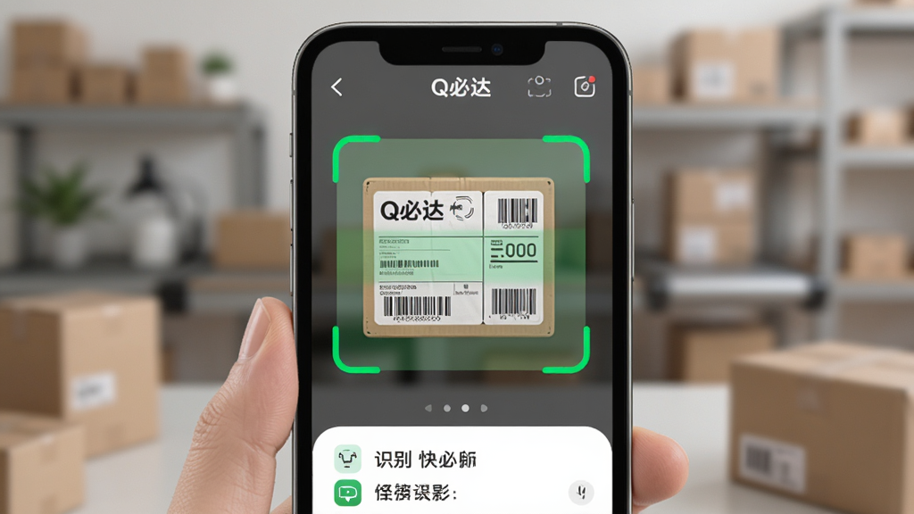 展示“Q必达”应用扫描快递单的界面,手机屏幕上有绿色扫描框对准一张带有条形码的快递面单,屏幕下方清晰显示识别结果和快递公司名称,背景虚化处理,风格写实,UI界面圆润简洁,画质清晰无多余元素。