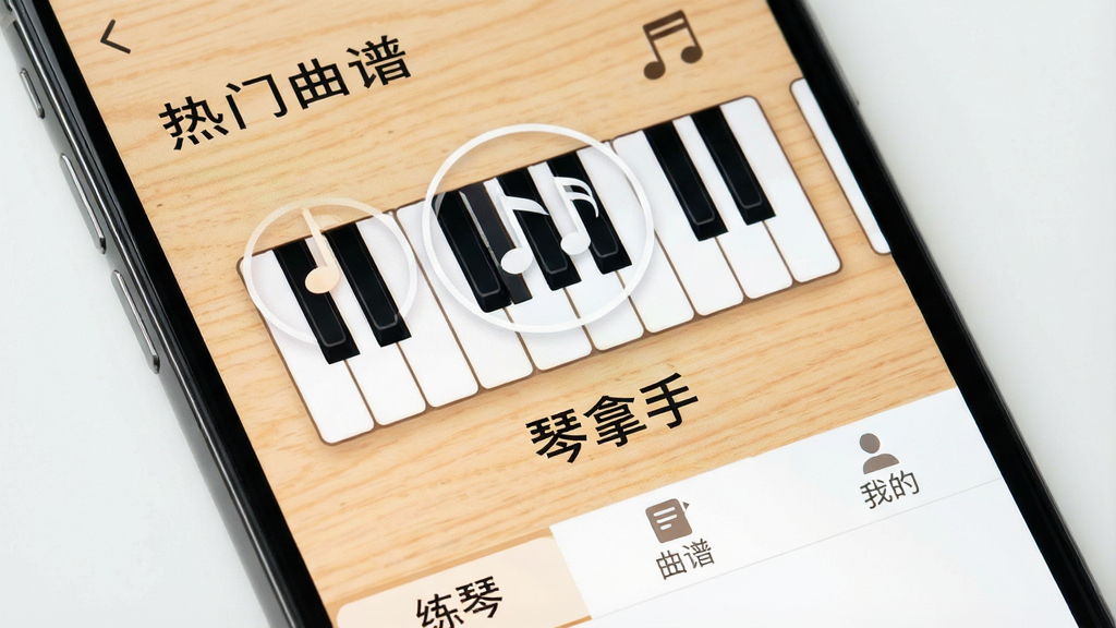一张手机屏幕特写,屏幕中显示“琴拿手”App的主界面,界面以浅木色和白色为主调,顶部有“热门曲谱”字样,中间是钢琴键盘图形与音符图标,下方有“练琴”“曲谱”“我的”三个标签,界面风格简洁清爽,画质干净无多余元素,突出软件名称“琴拿手”。