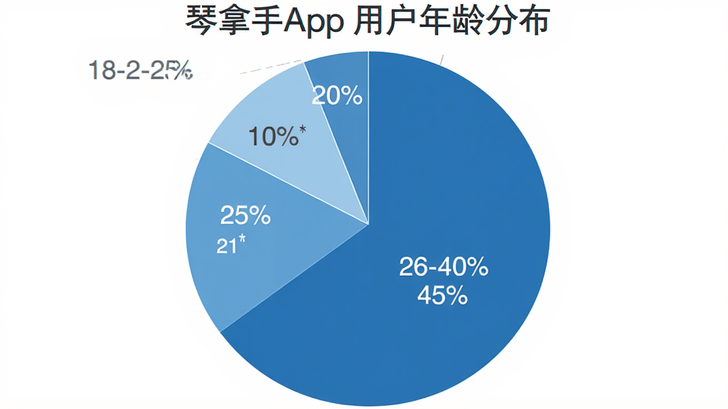 一张饼状图,展示琴拿手App用户年龄分布,18-25岁占20%,26-40岁占45%,41-60岁占25%,60岁以上占10%,图表使用蓝色系配色,清晰标注比例,风格简洁扁平,画质干净,无多余元素。