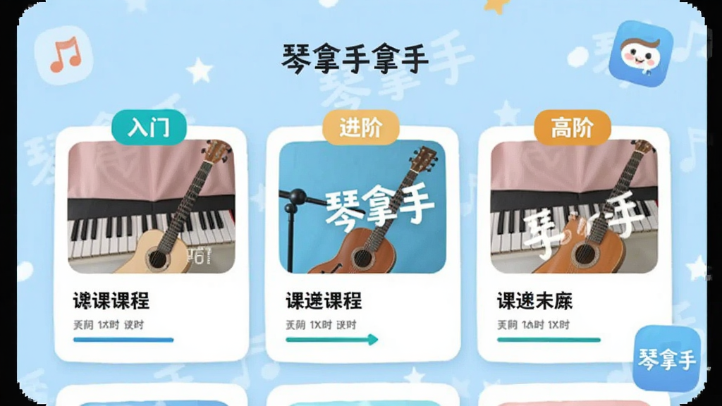 琴拿手App的教学课程页面,采用卡片式布局,卡片上标有“入门”“进阶”“高阶”标签,每张卡片包含课程名称和课时进度,背景为淡蓝色,风格活泼,画质干净,加入“琴拿手”应用图标水印。