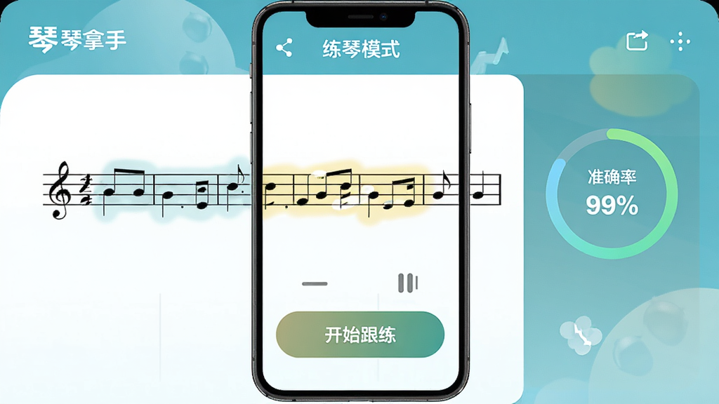 琴拿手App的智能纠错界面,手机屏幕上方显示“练琴模式”,中间是带高亮音符的曲谱,下方有“开始跟练”按钮,右侧有实时准确率评分圆环,界面色彩清新,强调功能细节,画质干净,包含“琴拿手”字样。