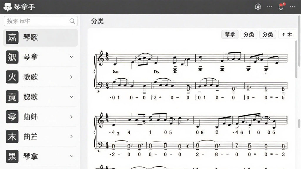 琴拿手App的曲谱库页面,左侧列表显示歌曲名称,右侧展示一张五线谱与简谱对照的曲谱详情,页面配有搜索框和分类筛选标签,整体布局清晰,风格简约,画质干净,包含“琴拿手”软件名称。