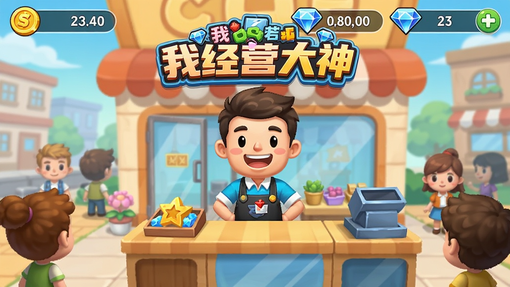 游戏主界面展示,店铺门庭若市,一名卡通店主站在柜台后微笑,屏幕上方显示金币和钻石数量,整体风格明亮活泼,带有“我是经营大神”游戏Logo,布局以游戏截图形式呈现,UI清晰,画质干净,无多余元素